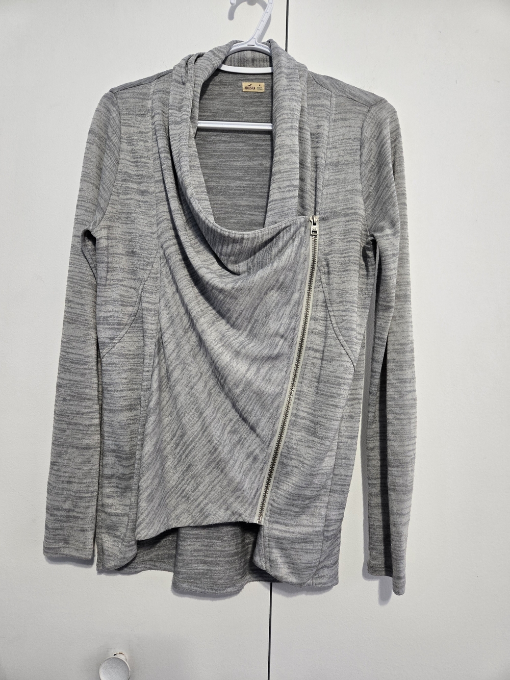 Hollister Gray Drape Neck Moto Cardigan Jacket Medium Asymmetrical Zip Sweater
